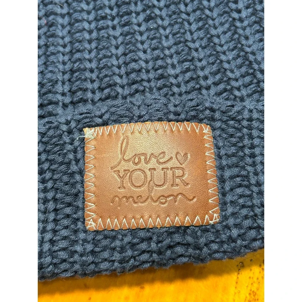 Love Your Melon Granola Navy Blue Cotton Cuffed Beanie Faux Fur Pom Hat USA